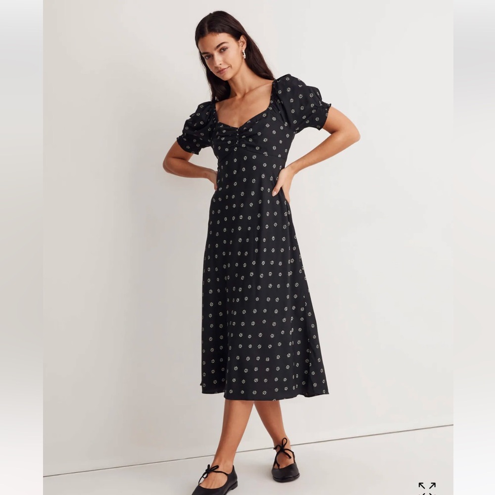 Madewell Sweetheart Puff-Sleeve Midi Dress Stardot Black Cream